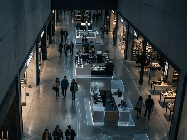 Journey and conversion tracking visualization showing customer movement paths and zone transitions