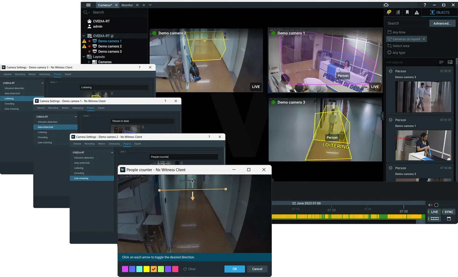 CVEDIA-RT Nx Witness screens showing analytics